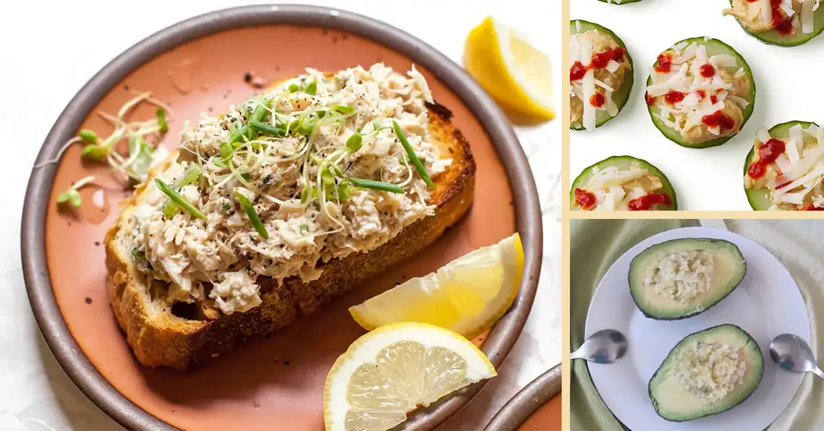 Image of healthy snacks - Tuna toast, Avocado, cucumber bites